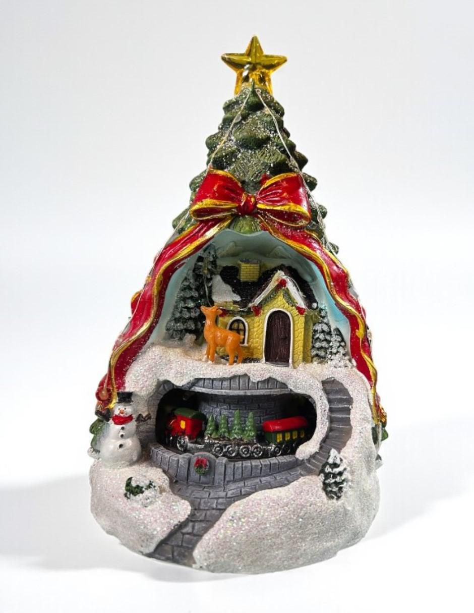 Figura decorativa de pino Navidad Navideña Pino con Casa y Tren de resina 1