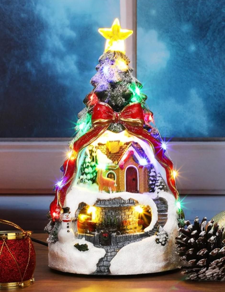 Figura decorativa de pino Navidad Navideña Pino con Casa y Tren de resina 5