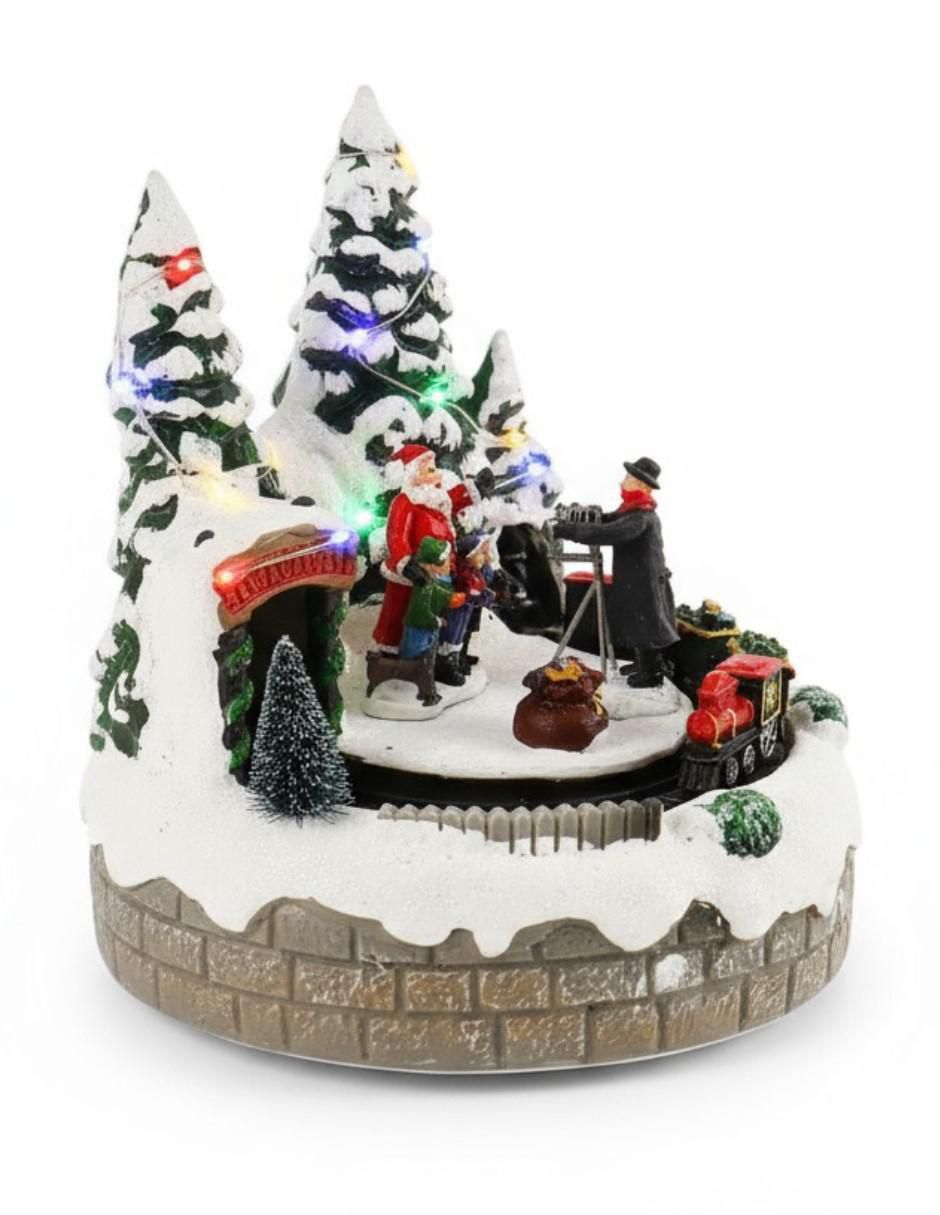 Figura decorativa de diferentes diseños Navidad Santa Claus Con Tren Giratorio de resina 2